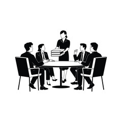 Business professionals gather around a table for a meeting with a woman presenting documents.