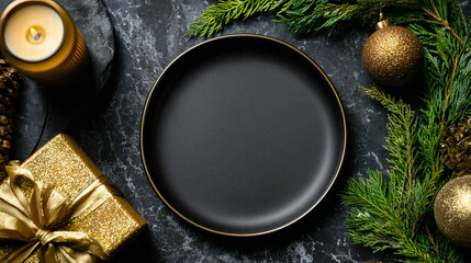 Flat lay of Christmas table setting with empty plate mockup, golden Xmas decorations at black marble background. 