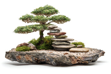 Serene miniature bonsai tree with stacked stones, moss, and pebbles, ideal for meditation, relaxation, and promoting a sense of calm and balance in any space