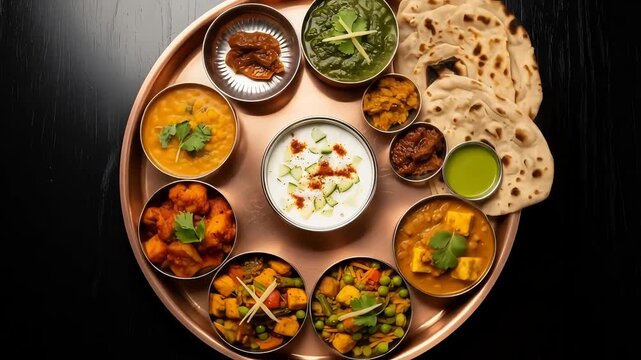 Assortment of Indian Cuisine Dishes on a Copper Platter with Dark Background Overhead View