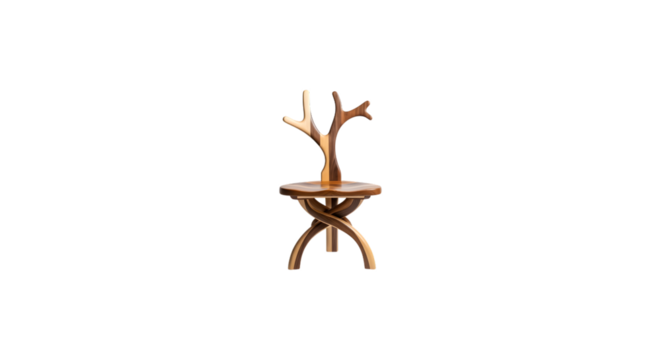 Unique wooden chair isolated on transparent background, showcasing artistic design and craftsmanship with a touch of rustic charm and natural elegance