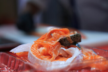 Salmon scraps left over from trimming, Salmon scraps, Salmon trimmings,  skin scraps.