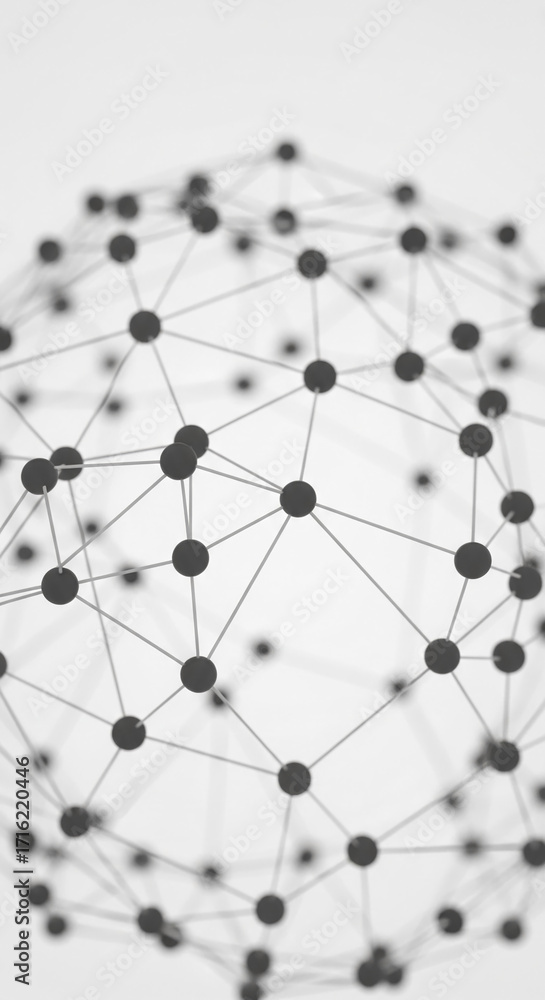 Poster abstract image of interconnected dark spheres and thin lines, forming a sphere-like structure, symbo