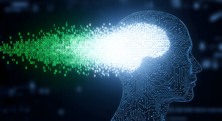Mind's Digital Metamorphosis: A digital rendering of a human head, transitioning the brain into vibrant circuit, evoking ideas and innovation
