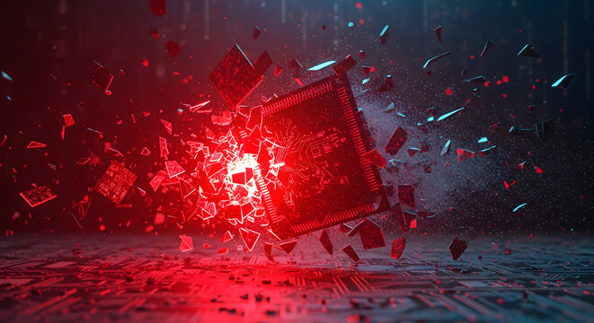 Digital Disintegration: A futuristic scene unfolds as a data cube shatters violently, bathed in red and blue light, symbolizing technological disruption and the ephemeral nature of information.