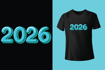 Happy new year 2026 typography design with festive decorations on black t shirt mockup