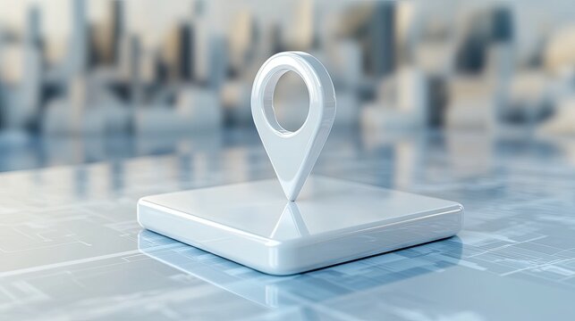 The design features a 3D location pin icon positioned on a square tile against a softly blurred city backdrop, illustrating concepts of navigation and travel in a contemporary setting