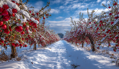 Rows of apple trees laden with ripe red fruit covered in fresh white snow under a bright blue sky