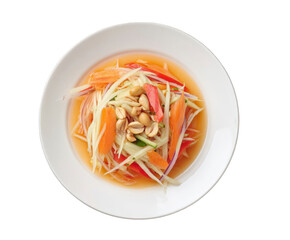 A delicious and refreshing thai papaya salad, known as som tum, served in a white bowl, isolated on a transparent background, showcasing its vibrant colors and fresh ingredients