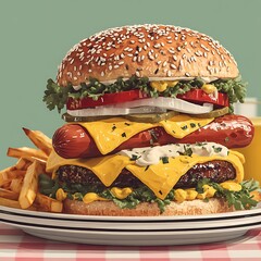 Juicy double cheeseburger with fries high resolution picture