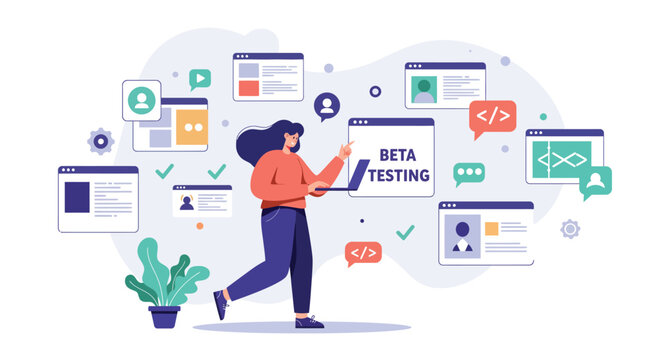 Software beta testing concept with developer interacting with code elements and ui design vector illustration