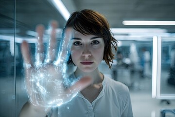Woman interacting with holographic hand in futuristic lab setting.