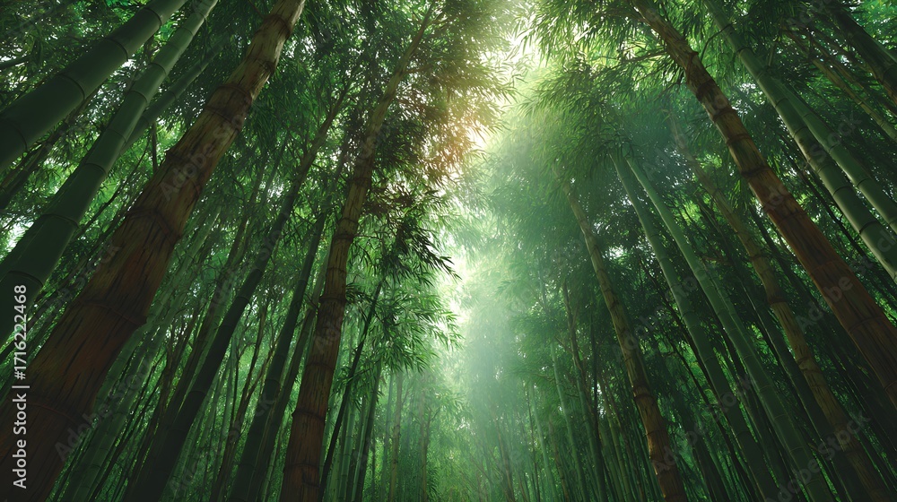 Poster Sunlight filtering through tall green trees in a lush forest, creating a serene and peaceful atmosphere