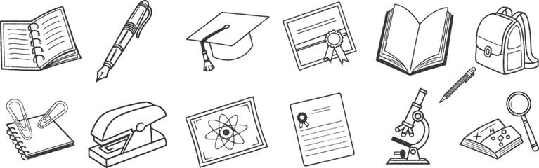 Hand-drawn school doodles including notebook, pen, graduation cap, diploma, book, backpack, stapler, microscope, magnifying glass, and science icons. Perfect for education and study themes.