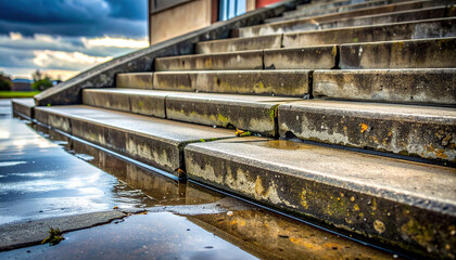 Flood water blocks access to concrete steps at education building, highlighting impact of flood on access and safety outdoors