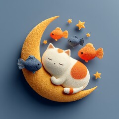 White and orange cat sleeping on crescent moon with fish image