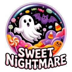 Naklejka premium Spooky cute ghost candy nightmare halloween scene with bats and pumpkins isolated on transparent background