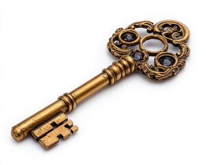 Ornate golden key on white background