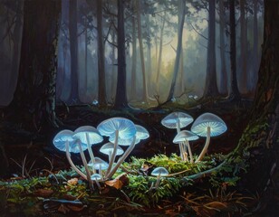 Spooky Halloween Ghost Forest A Scary Scene of Glowing Mushrooms