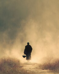 A solitary figure walks through a misty landscape.