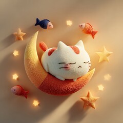 White cat sleeping on crescent moon surrounded by fish and stars image