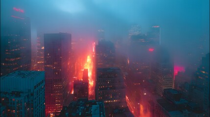 Obraz premium Los angeles skyline at night with skyscrapers illuminated by vibrant red and orange lights in the fog