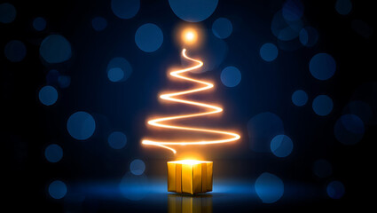 Festive Christmas Tree Made of Light with Golden Gift Box on a Dark Blue Bokeh Background Holiday Celebration