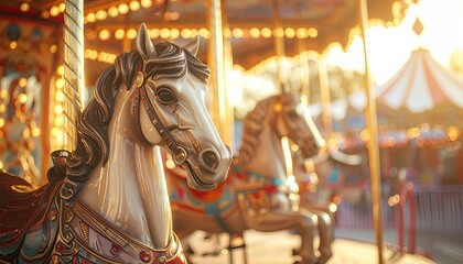 Carousel Horses with Ornate Detail and Warm Golden Light in an Amusement Park with Blurry Background Creates a Nostalgic Fairytale Theme
