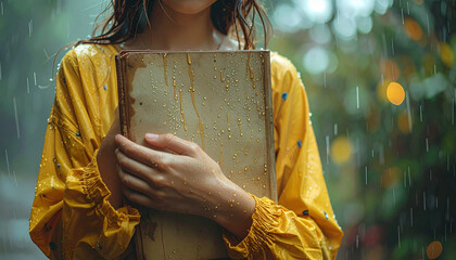 Flood impacts education access as young woman protects wet book in heavy rain showing determination and resilience outdoors