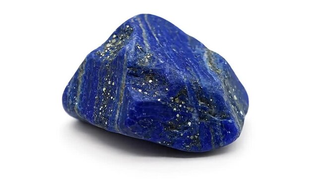 Vibrant deep blue lapis lazuli gemstone with shimmering golden flecks on a clean white background.