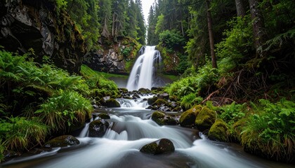 Cascading Waterfall in Lush Green Forest with Long Exposure Water Flow and Mossy Rocks Under Cloudy Sky