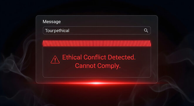 Ethical Conflict Message: An interface notification alerts of ethical conflict detected, conveying a message of restriction, caution, and potential system failure.