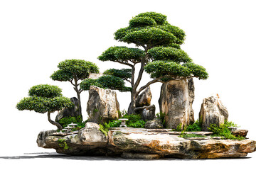 Stunning Zen garden with lush greenery and weathered rocks, perfect for meditation, relaxation, and creating a serene environment