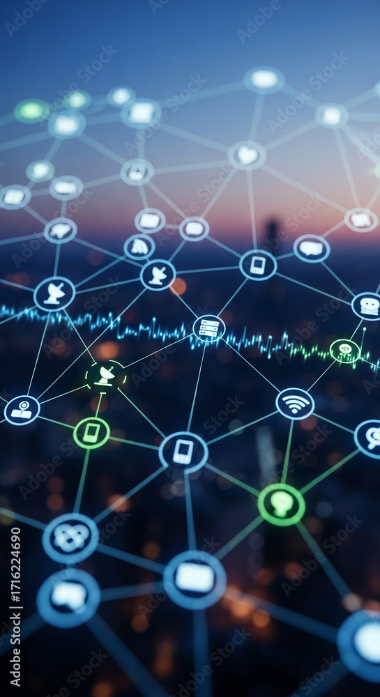 Poster abstract network graphic showing interconnected devices and data flow, symbolizing global communicat