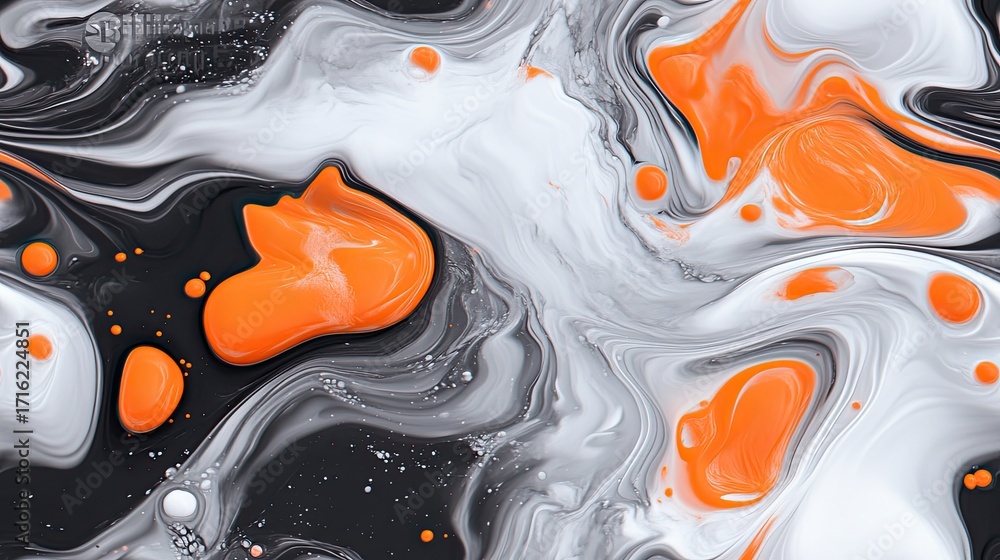 Poster an abstract composition showcases flowing gray and white lines accented by vibrant orange, blending 