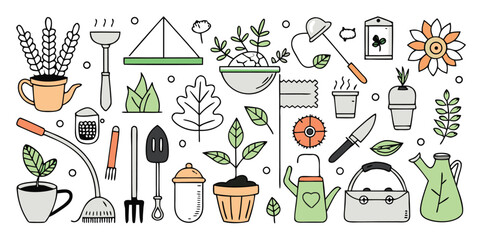 Diverse gardening tools and plants collection hand-drawn style elements for your garden design