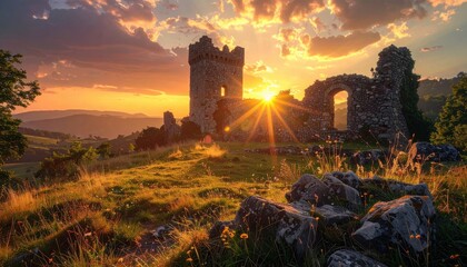 Castle Ruins Silhouette at Golden Hour with Sunlight Peeking Through Archways in a Meadow with Trees and Boulders