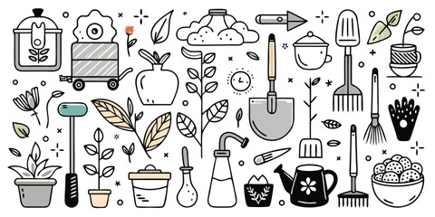 Obraz premium Doodle sketch of assorted gardening tools and plants for your hobby garden