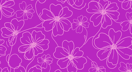 Seamless pink floral pattern with hand-drawn flowers on purple background