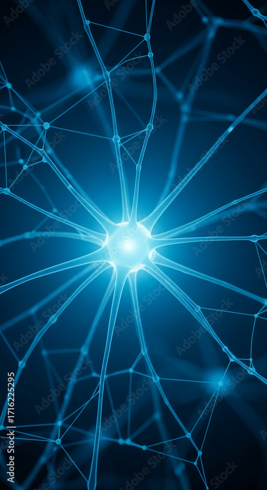 Poster abstract image of neuron network, glowing blue, showcasing complex connections, symbolizing neural a