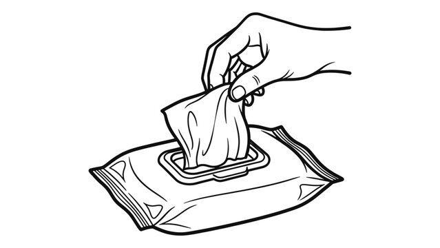 hand pulling wipe from package, black and white clip art preview