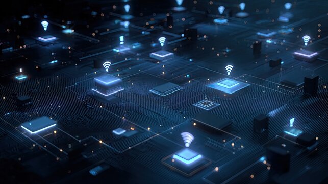 Abstract technology network with glowing nodes and connections.