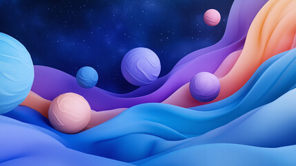 Colorful abstract waves and planets in a cosmic background.