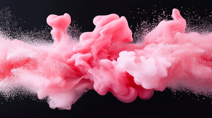 Abstract pink paint swirl on black background with splashes of color.