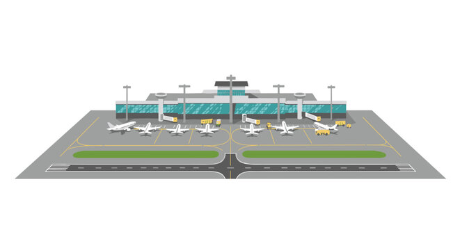 Modern airport terminal with airplanes and runways in isometric design