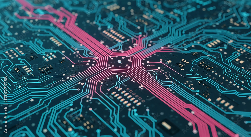 Poster close-up of circuit board texture with teal and pink lines, showcasing technological advancement and
