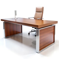 Executive desk with leather chair and lamp on white background