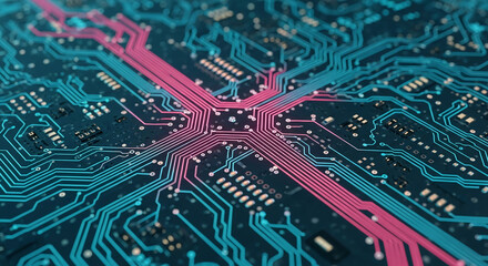 Close-up of circuit board texture with teal and pink lines, showcasing technological advancement and complex circuitry, ideal for tech or digital concepts