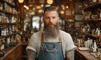 A man with a beard and tattoos in a vintage barbershop