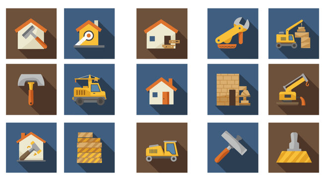 Construction tool and equipment icons in flat design with long shadows